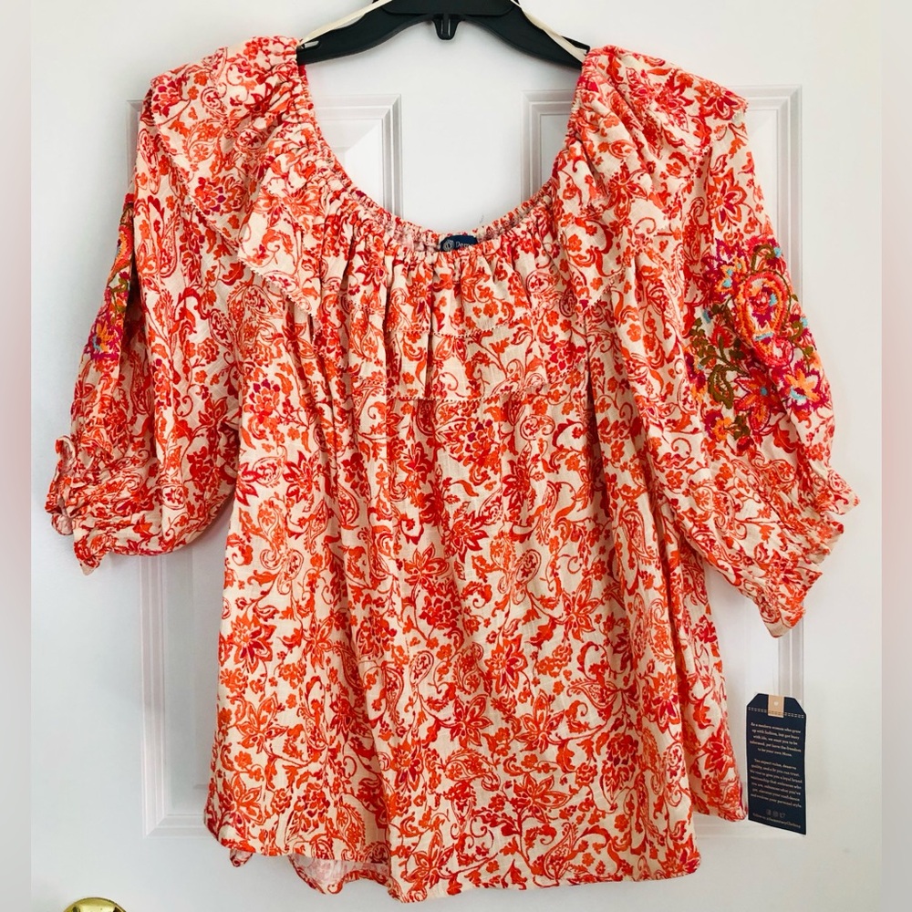 Democracy Women's Size 2X Peasant Blouse Elbow Blouson Sleeve Ruffle Cotton PS2
